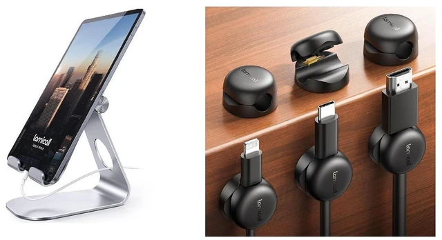 Main image of Tablet Stand, Adjustable Tablet Holder Cable Clips, Spring Cord Organizer Holder
