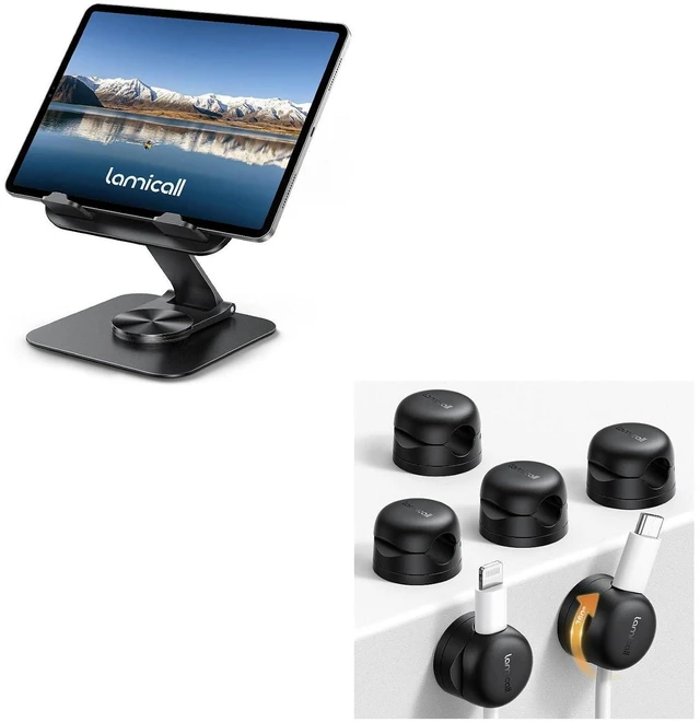 Main image of Adjustable iPad Stand for Desk and 6Pack Rotatable Cord Organizer