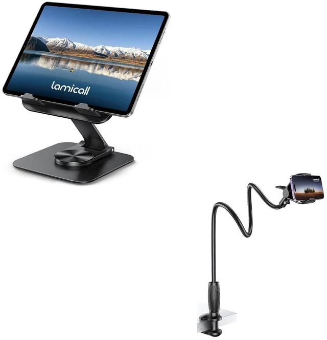 Main image of Adjustable iPad Stand for Desk and Gooseneck Phone Holder for Bed