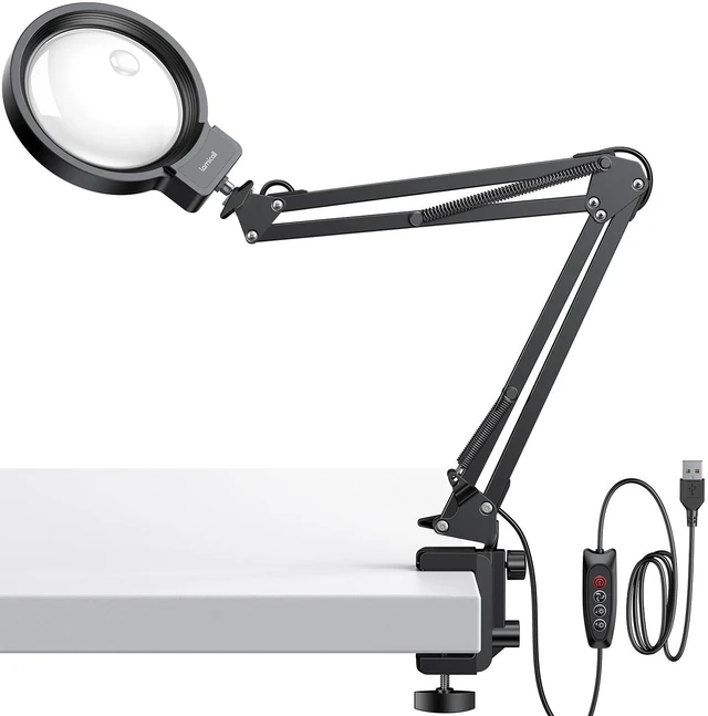 Main image of 15X 10X Magnifying Glass with Light - 4.7" Real Glass Desk Lamp with Clamp Mount, 5 Color Modes, Dimmable Hands-Free LED Craft Light for Close Work, Reading, Sewing & Soldering, Hobby