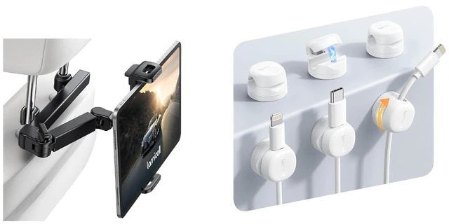 Main image of Car Headrest Tablet Holder + Magnetic Rotating Cable Clips