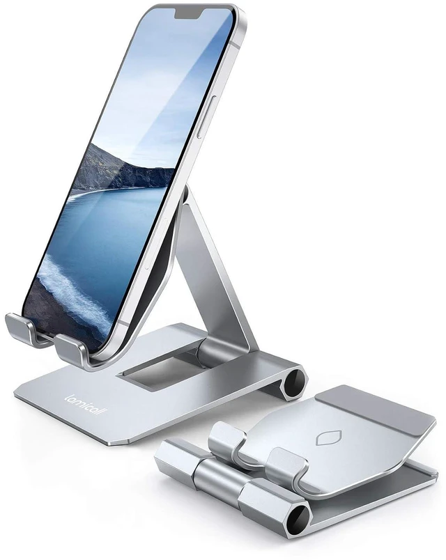 Main image of Aluminum Metal Adjustable Cell Phone Stand Desk - Heavy Duty Foldable Desktop Phone Holder, for iPhone 17 16 15 14, Plus, Pro, Pro Max, 13 12 Plus, Galaxy S26 25, 4-11'' Sliver