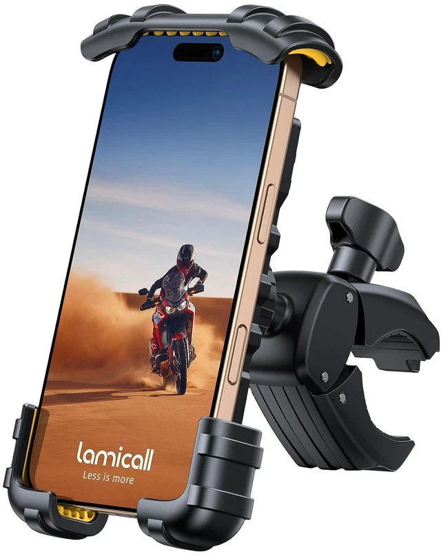 Main image of Bike Phone Holder Mount - Motorcycle Handlebar Phone Mount Clamp, One Hand Operation ATV Scooter Phone Clip for iPhone 15/14 Pro Max/X/XS, Galaxy S10 and 4.7"- 6.8" Cellphone - Yellow