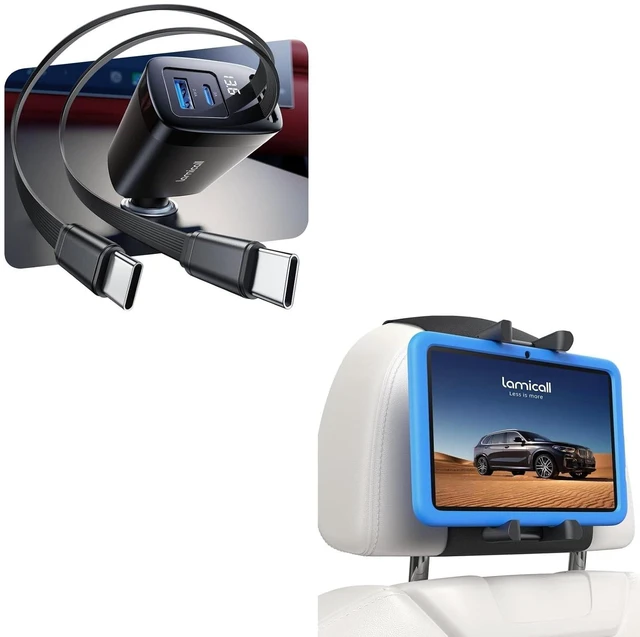 Main image of Retractable Car Charger + Tablet Holder for Car Headrest