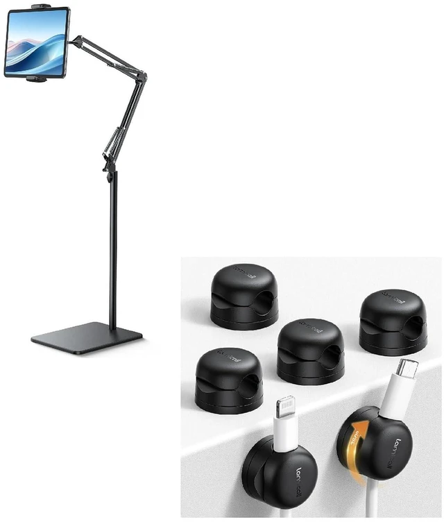 Main image of Floor Tablet Stand Phone Holder and 6Pack Rotatable Cord Organizer