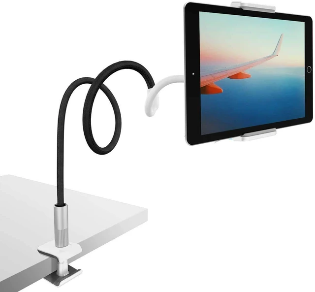 Main image of Gooseneck Tablet Holder Mount - Flexible Arm Tablet Stand Compatible with iPad mini, Pro, Air, Switch, Galaxy Tabs, More 4.7-10.5 Devices - Black and White