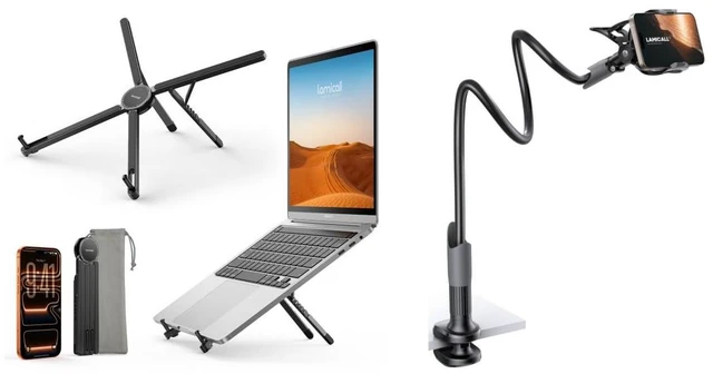 Main image of Ultra Lightweight Laptop Stand for Desk + Gooseneck Phone Holder for Bed