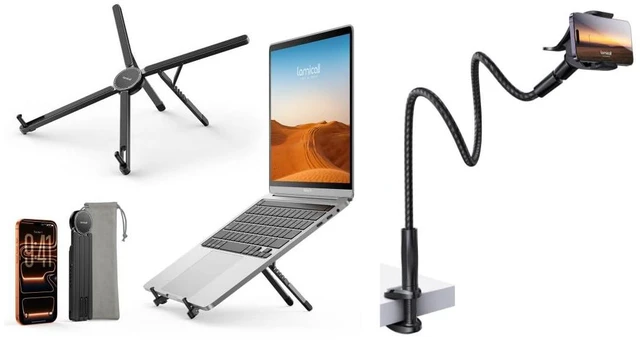 Main image of Ultra Lightweight Laptop Stand for Desk + Nylon Braided Gooseneck Phone Holder Bed