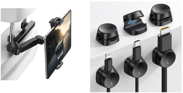 Main image of Car Headrest Tablet Holder + 1s Lock Spring Cord Clips Organizer