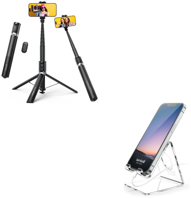 Main image of Tap-to-Open Phone Tripod & Selfie Stick + Acrylic Cell Phone Stand