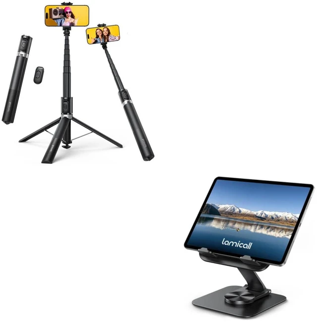 Main image of Tap-to-Open Phone Tripod & Selfie Stick + Adjustable iPad Stand for Desk