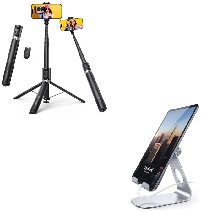 Main image of Tap-to-Open Phone Tripod & Selfie Stick + Adjustable Tablet Holder