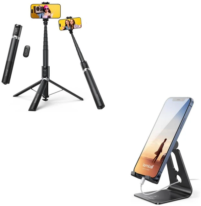 Main image of Tap-to-Open Phone Tripod & Selfie Stick + Adjustable Cell Phone Stand