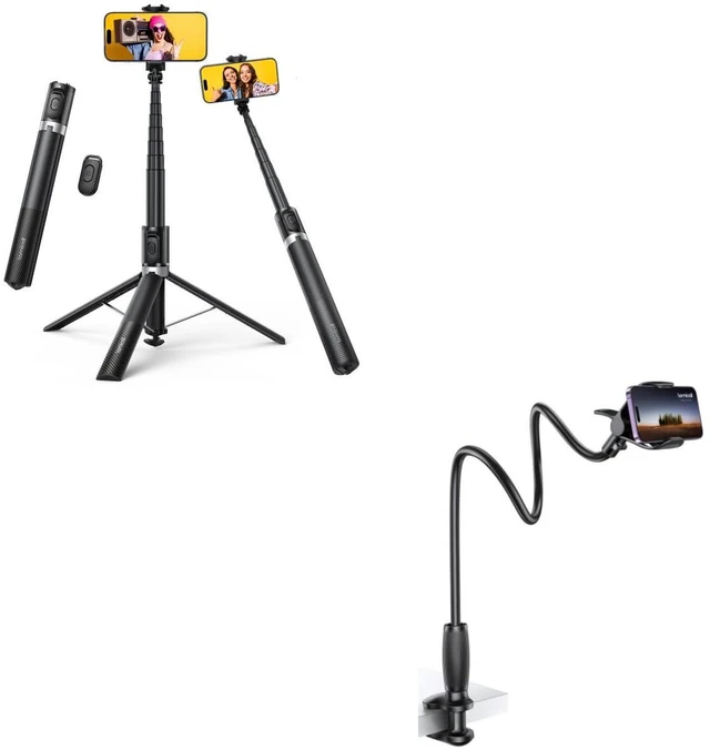 Main image of Tap-to-Open Phone Tripod & Selfie Stick + Gooseneck Phone Holder for Bed