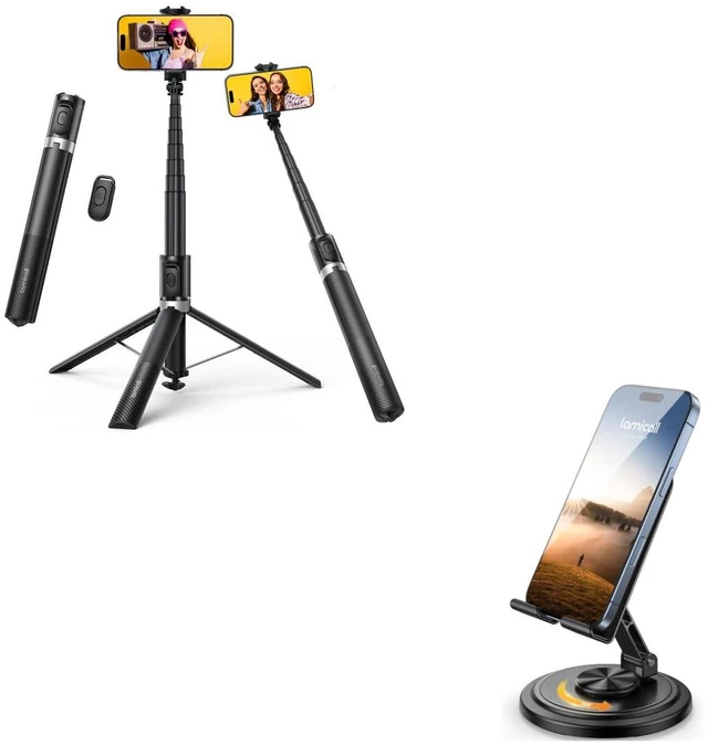 Main image of Tap-to-Open Phone Tripod & Selfie Stick + 360° Rotation Cell Phone Stand for Desk