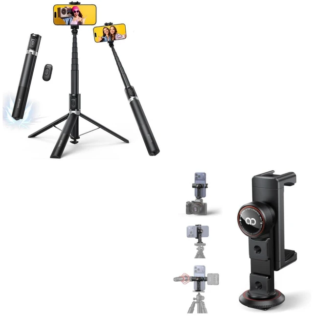 Main image of Tap-to-Open Phone Tripod & Selfie Stick + Aluminum Phone Tripod Mount