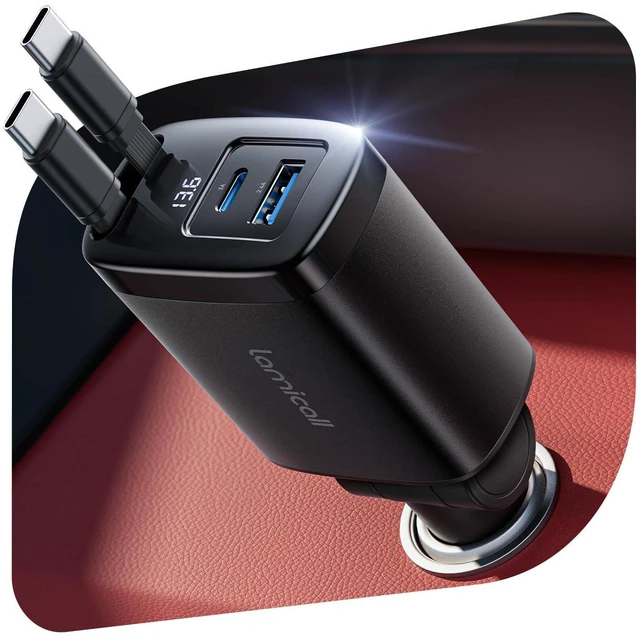 Main image of 87W Retractable Car Charger USB C Fast Charge, Dual Type C Cables