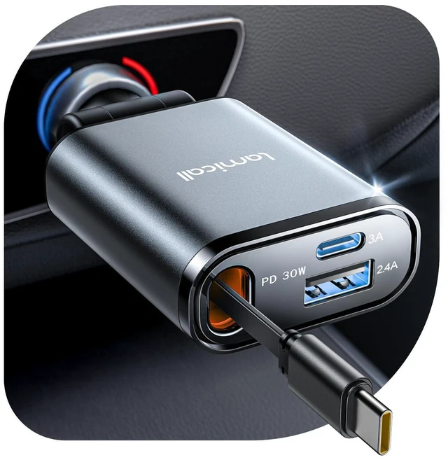Main image of Retractable Car Charger USB C 57W Charging for iPhone 17 16 15