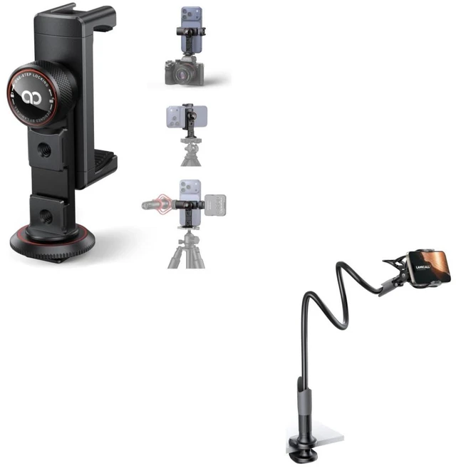 Main image of 3-in-1 Aluminum Phone Tripod Mount + Gooseneck Phone Holder for Bed