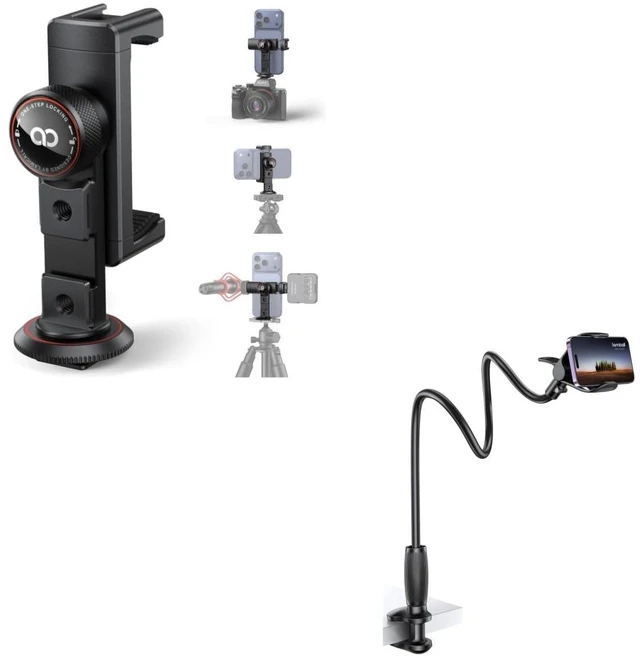 Main image of 3-in-1 Aluminum Phone Tripod Mount + Gooseneck Phone Holder for Bed