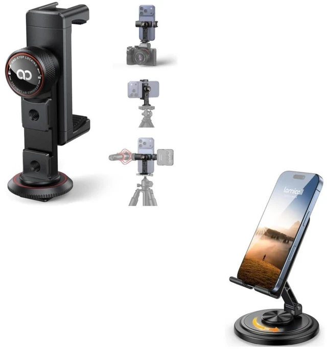 Main image of 3-in-1 Aluminum Phone Tripod Mount + 360° Rotation Cell Phone Stand for Desk