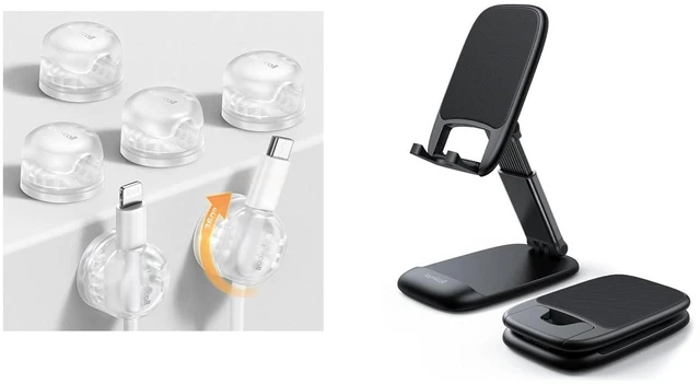 Main image of Clear Cable Clips + Phone Stand