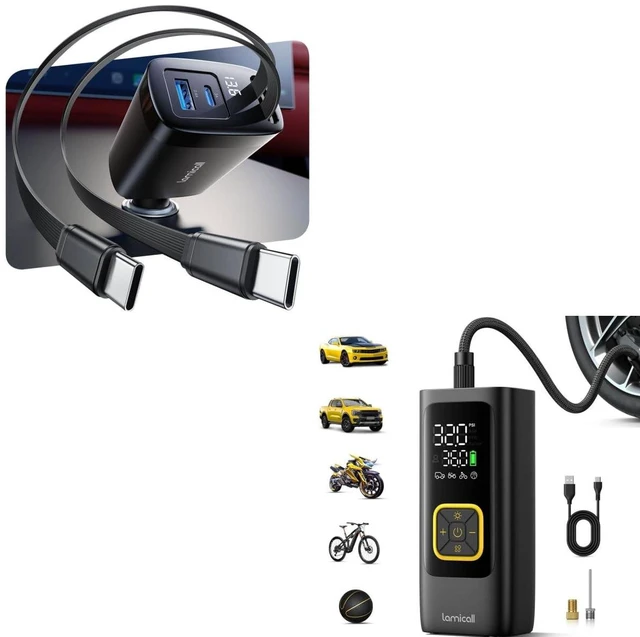 Main image of Retractable Car Charger + Car Tire Inflator Portable Air Compressor