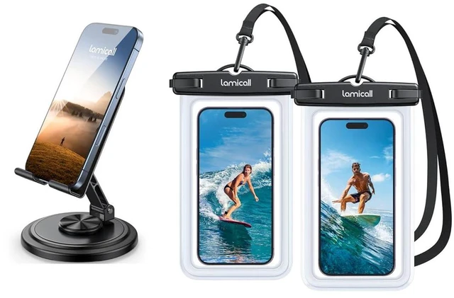 Main image of Waterproof Phone Pouch Case & 360 Rotating Adjustable Phone Stand for Desk