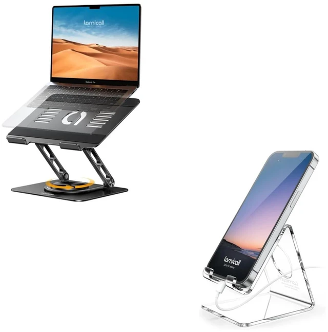 Main image of Laptop Stand for Desk with 360 Rotating Base + Clear Office Cell Phone Stand