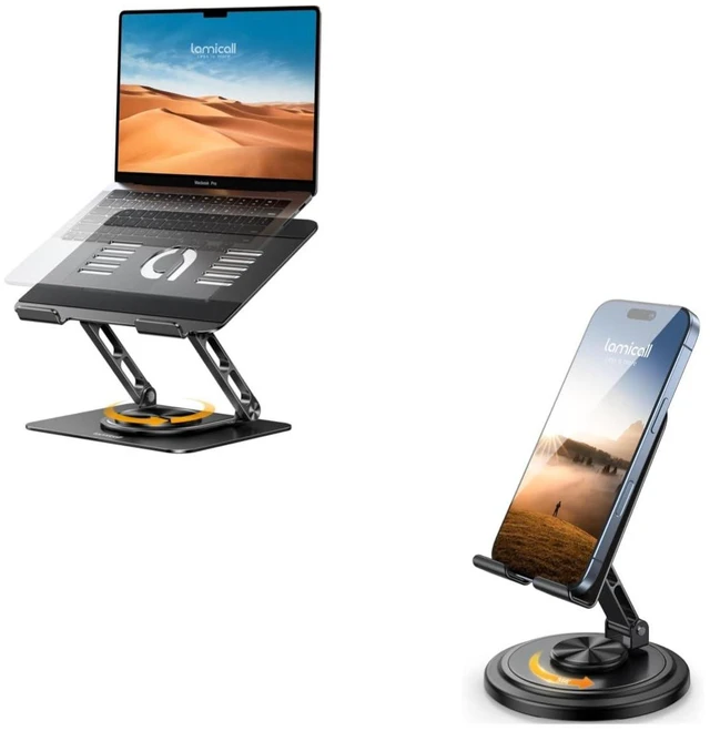 Main image of Laptop Stand for Desk with 360 Rotating Base + Sturdy Adjustable Phone Stand for Desk