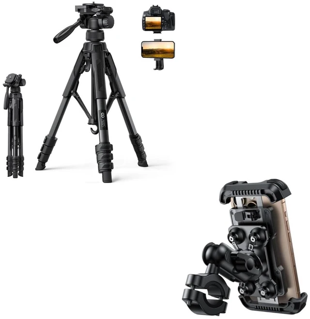 Main image of 17.6LBS Max Load Camera Tripod + Motorcycle Phone Mount Holder Metal Extension Arm
