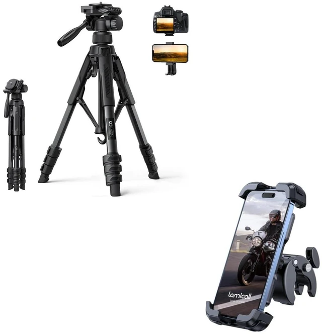 Main image of 17.6LBS Max Load Camera Tripod + Metal Lock Motorcycle Phone Mount