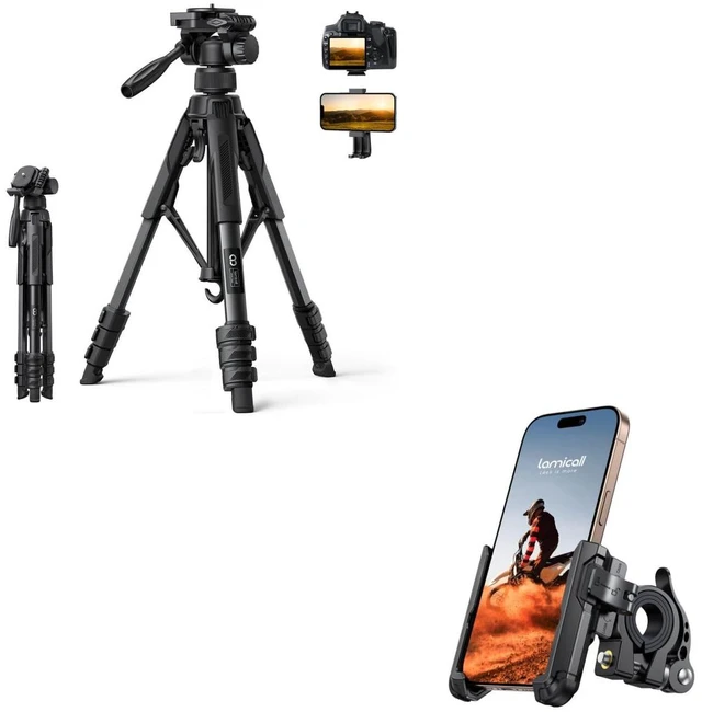 Main image of 17.6LBS Max Load Camera Tripod + 1s Lock Motorcycle Bike Phone Mount