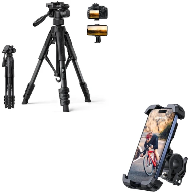 Main image of 17.6LBS Max Load Camera Tripod + Adjustable Bike Phone Mount Holder