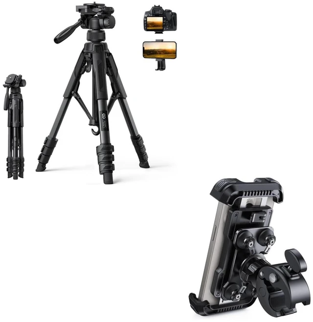 Main image of 17.6LBS Max Load Camera Tripod + Motorcycle Phone Mount Holder with Dual Vibration Dampener