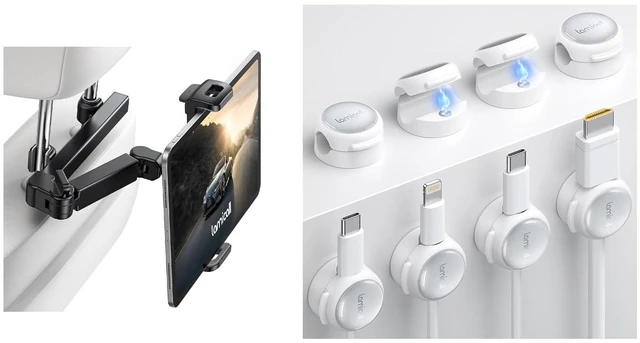 Main image of Crystal-Clear Cable Clips & Car Headrest Tablet Holder
