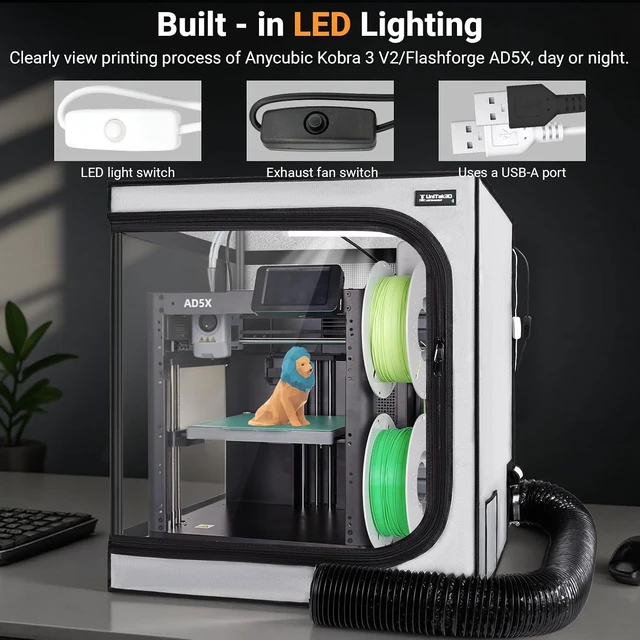Alt view image 5 of 7 - 3D Printer Enclosure with Ventilation Kit for Anycubic Kobra 3/3 V2 Combo/Flashforge AD5X 3D Printers,Fireproof & Dustproof Noise Reduction 3D Printer Cover with USB LED Lighting System-580*650*650mm