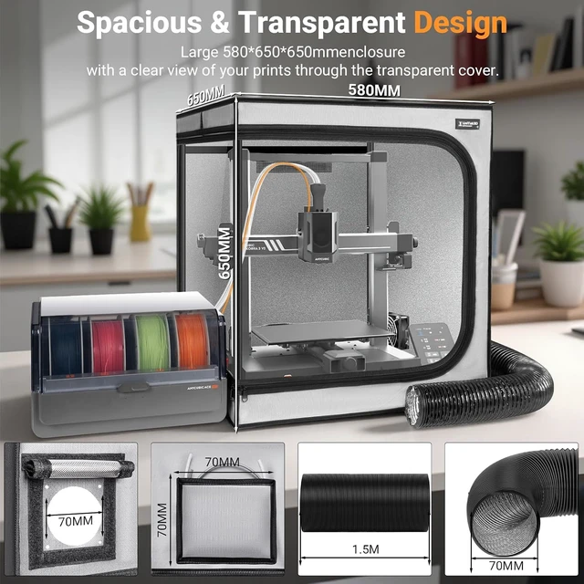 Alt view image 4 of 7 - 3D Printer Enclosure with Ventilation Kit for Anycubic Kobra 3/3 V2 Combo/Flashforge AD5X 3D Printers,Fireproof & Dustproof Noise Reduction 3D Printer Cover with USB LED Lighting System-580*650*650mm