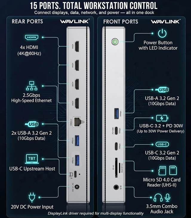 Alt view image 2 of 7 - Displaylink Docking Station 4 Monitors, Quad 4K Displays for Mac