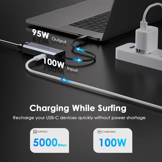 Alt view image 2 of 7 - USB-C to Ethernet Adapter with 95W PD - 5Gbps High-Speed
