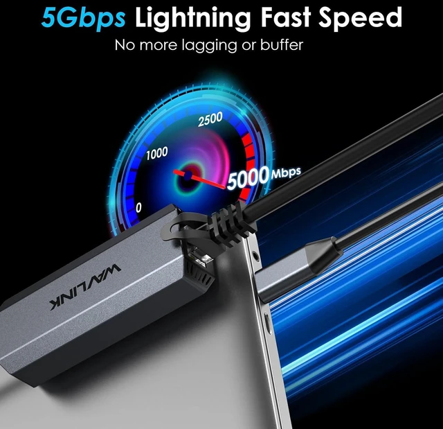Alt view image 3 of 7 - 5Gbps USB C Ethernet Adapter 5G/2.5G/1G/100M/10M Auto-Adaptive, 10Gbps Cable Included, Aluminum Portable Dongle for MacBook Pro/Air/Neo, Windows 11/10, Linux, ChromeOS WL-NWU341G