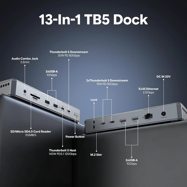 Alt view image 2 of 7 - Intel-Certified Thunderbolt 5 Dock, 12-in-1 with M.2 NVMe Slot Up to 120Gbps, 140W PD, Triple 4K/Dual 8K Displays, 10Gbps USB, 2.5G RJ45 Ethernet, for Thunderbolt 5/4 Mac & Windows Laptops