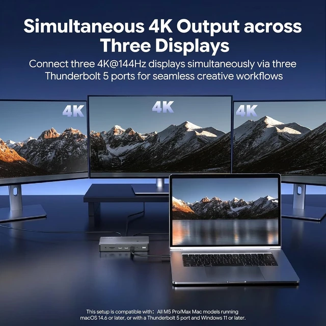 Alt view image 3 of 7 - Intel-Certified Thunderbolt 5 Dock, 12-in-1 with M.2 NVMe Slot Up to 120Gbps, 140W PD, Triple 4K/Dual 8K Displays, 10Gbps USB, 2.5G RJ45 Ethernet, for Thunderbolt 5/4 Mac & Windows Laptops