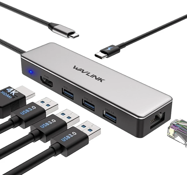 Main image of USB C Hub, 6-in-1 USB C Adapter for MacBook Pro/Air/Thunderbolt 4/3/Type C Devices, with 4K@30Hz HDMI, 3 USB 3.0, Gigabit Ethernet, 100W Power Delivery for Windows and Mac