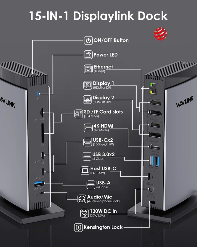Alt view image 2 of 7 - Displaylink Docking Station 3 Monitors with for MacBook M1/-M5 Windows, Displaylink Dock with 3X HDMI or 2X DisplayPort, 130WPD,5 USB Ports, Ethernet, Audio, SD/TF