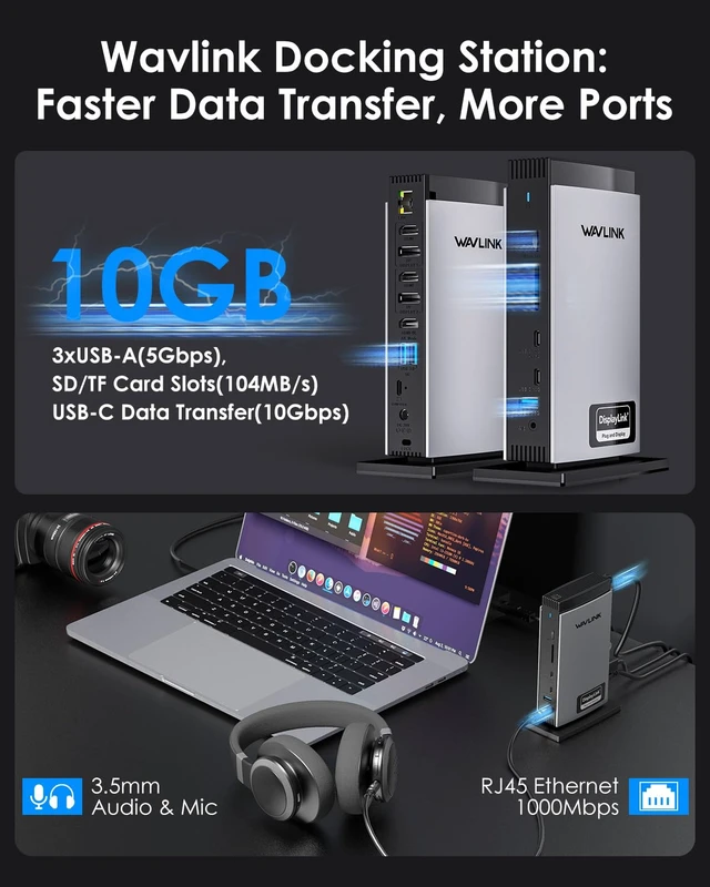 Alt view image 6 of 7 - Displaylink Docking Station 3 Monitors with for MacBook M1/-M5 Windows, Displaylink Dock with 3X HDMI or 2X DisplayPort, 130WPD,5 USB Ports, Ethernet, Audio, SD/TF