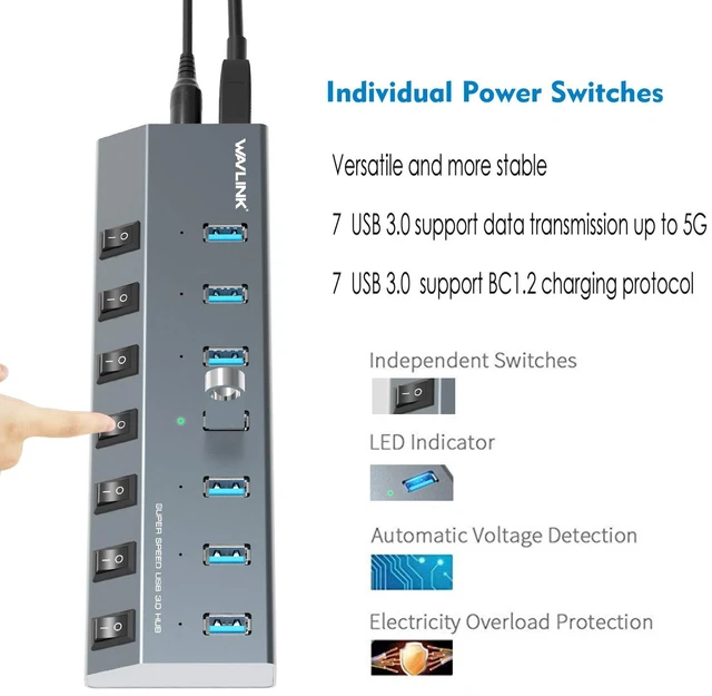 Alt view image 2 of 7 - USB Hub 3.0, WAVLINK 7 Port Powered USB 3.0 hub 48W Charging, 5V/2.4A Each Ports with Individual Switches LED Indicator, USB Extension for Laptop, MacBook, iMac, PC, USB Flash Drives