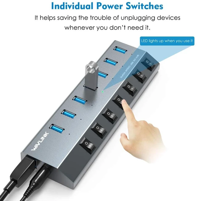 Alt view image 3 of 7 - USB Hub 3.0, WAVLINK 7 Port Powered USB 3.0 hub 48W Charging, 5V/2.4A Each Ports with Individual Switches LED Indicator, USB Extension for Laptop, MacBook, iMac, PC, USB Flash Drives