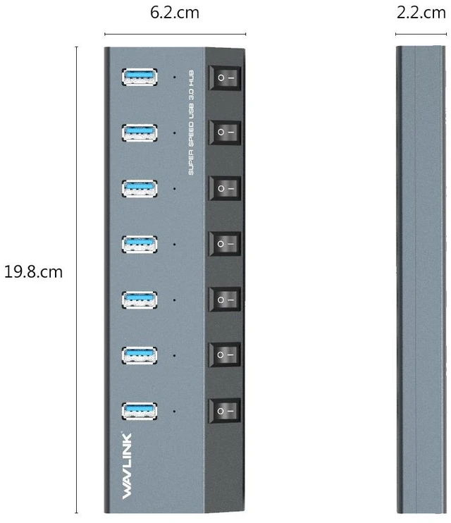 Alt view image 5 of 7 - USB Hub 3.0, WAVLINK 7 Port Powered USB 3.0 hub 48W Charging, 5V/2.4A Each Ports with Individual Switches LED Indicator, USB Extension for Laptop, MacBook, iMac, PC, USB Flash Drives
