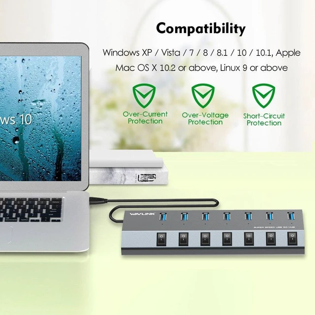 Alt view image 6 of 7 - USB Hub 3.0, WAVLINK 7 Port Powered USB 3.0 hub 48W Charging, 5V/2.4A Each Ports with Individual Switches LED Indicator, USB Extension for Laptop, MacBook, iMac, PC, USB Flash Drives